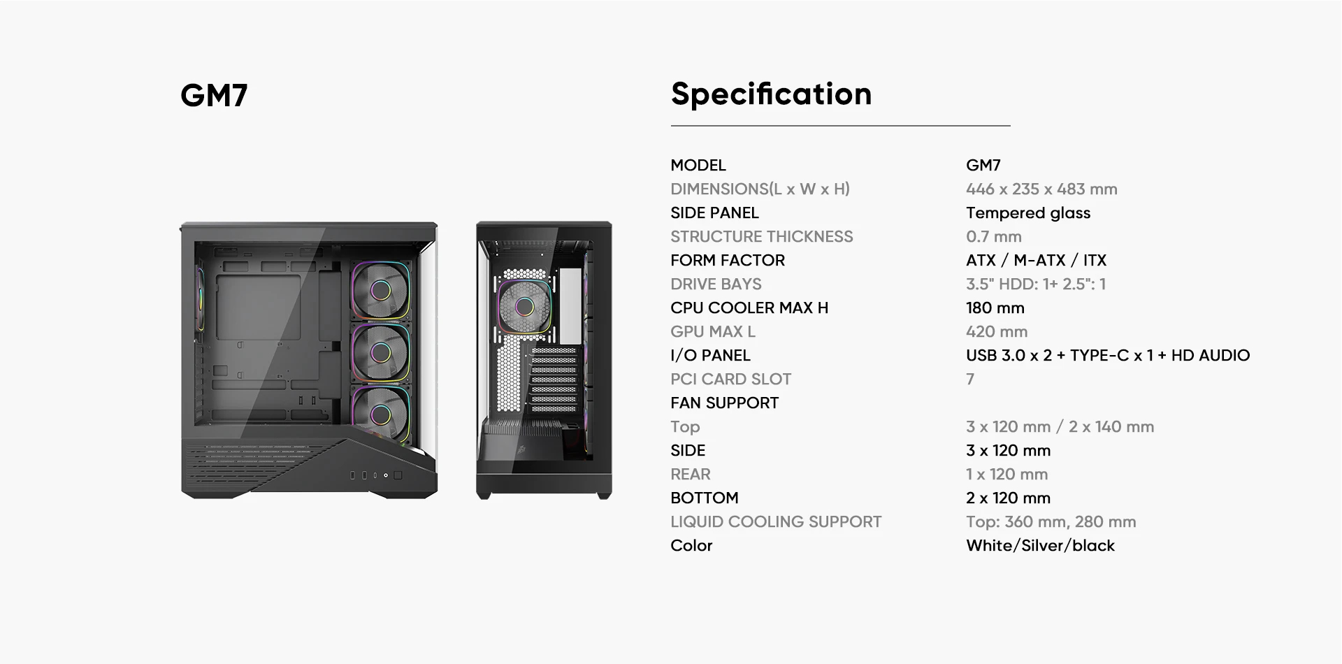 1stPlayer кутия Case ATX - GM7 Black - 4 x 120 mm A-RGB fans included, USB-C