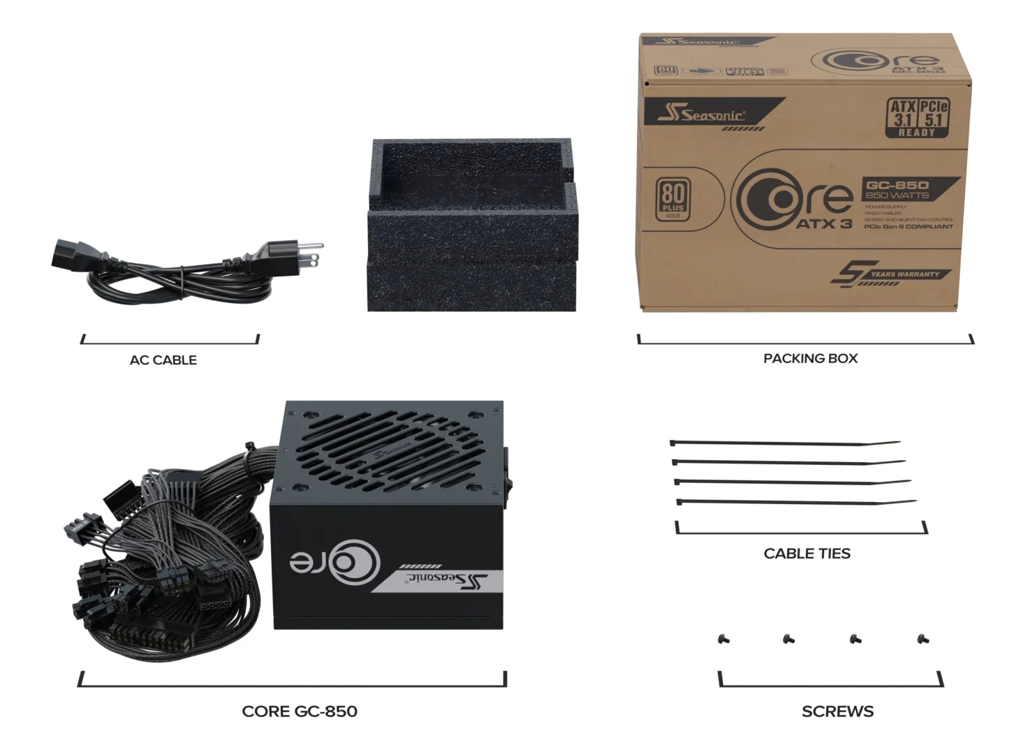 Seasonic захранване PSU ATX 3.1 850W Gold, PCIe 5.1 - CORE GC-850 - SRP-CGC851-A5A32SF