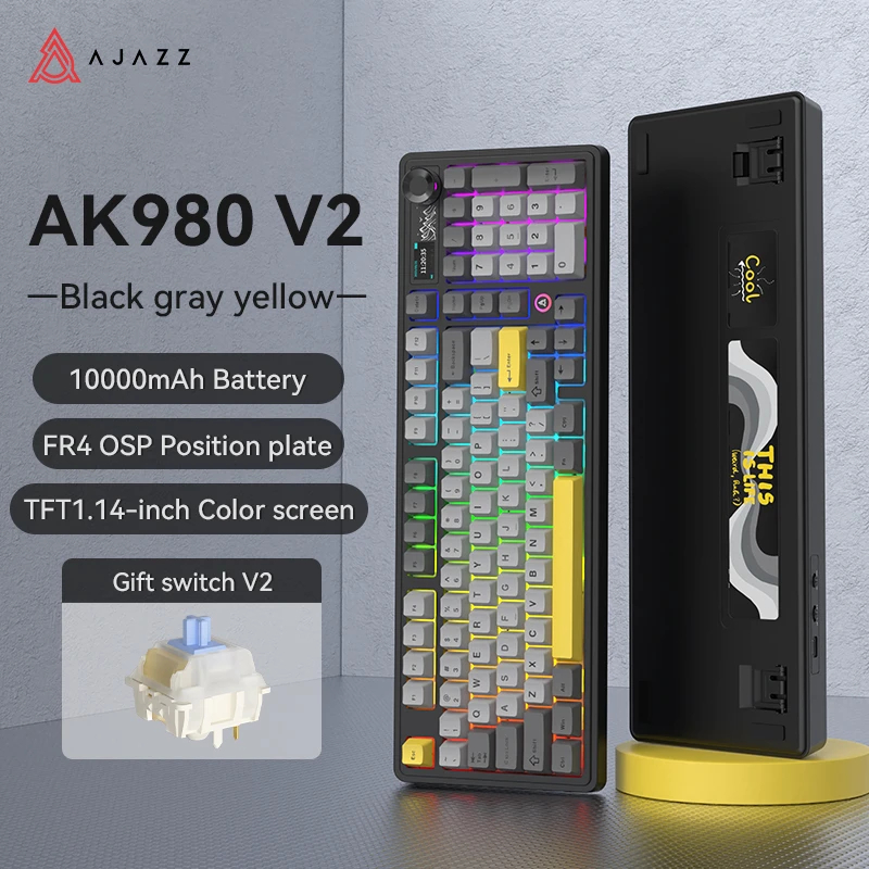 Ajazz геймърска механична клавиатура Wireless Gaming Mechanical Keyboard AK980 V2 - Gift Switch [Linear] (English US), Black, Gray