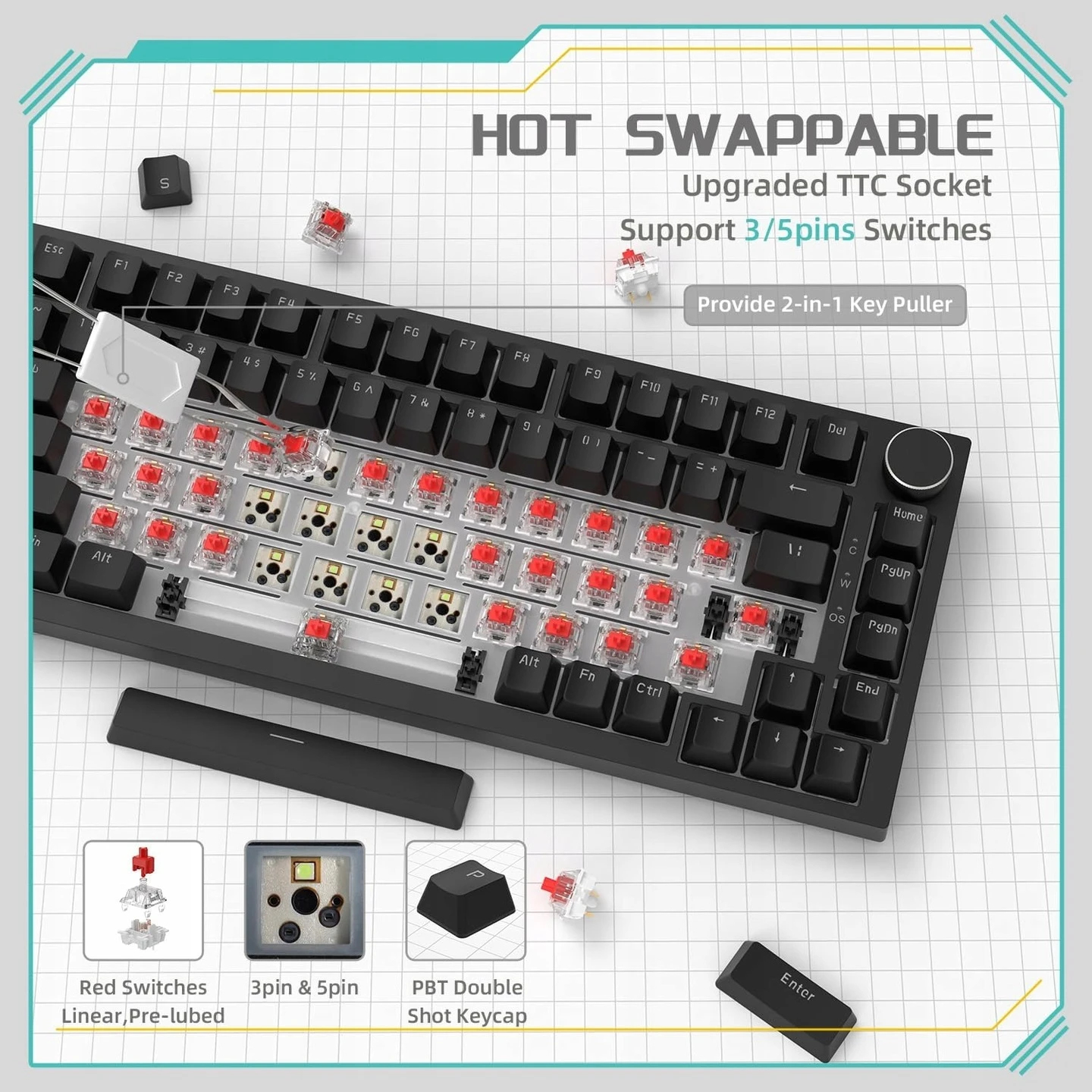 Ajazz геймърска механична клавиатура Gaming Mechanical Keyboard AK820 - Red Switches [Linear] (English US), Black, White Backlight