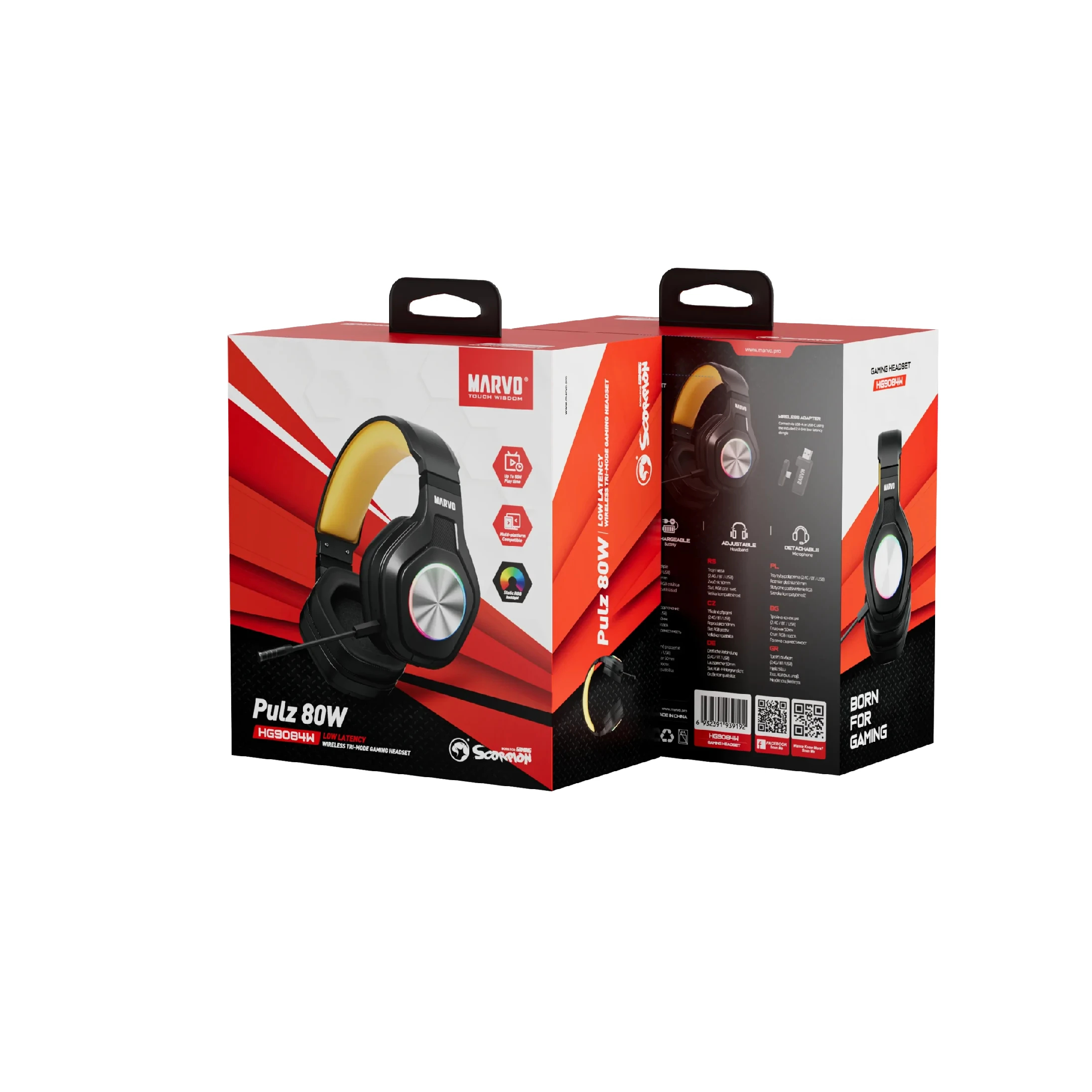 Marvo безжични геймърски слушалки Gaming Headphones Pulz 80W - Bluetooth, 2.4G - MARVO-HG9084W