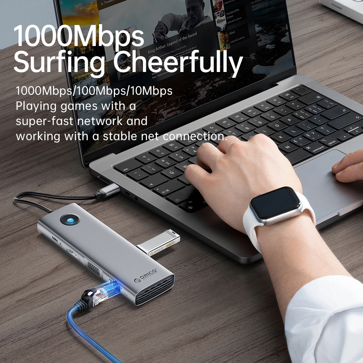 Orico докинг станция Docking Station Type-C - PW11-9P-GY-EP - HDMI x 1, VGA x 1, USB3.0 x 3, USB-C PD100W x 1, LAN x 1 (1Gbps), SD/TF