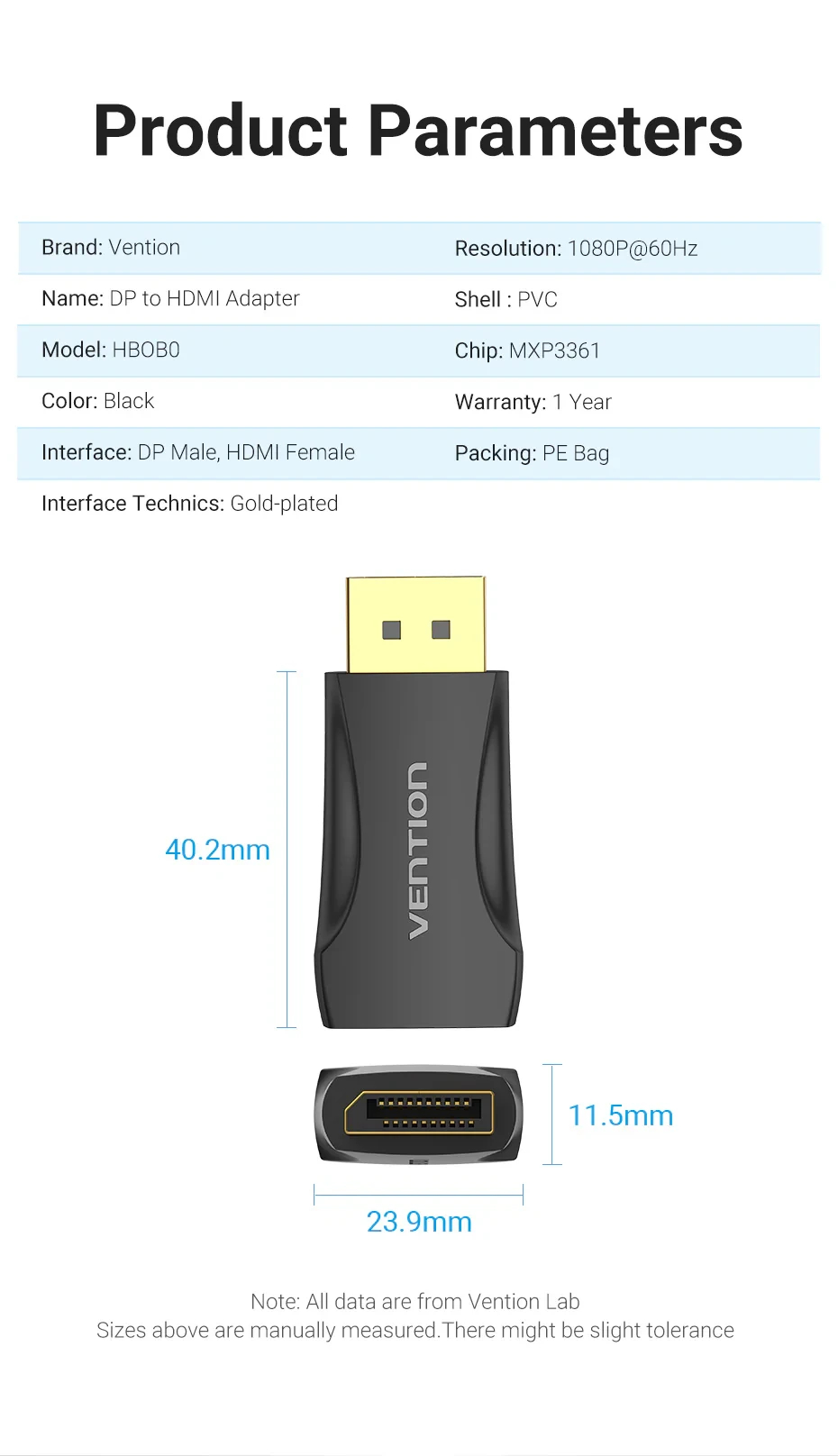 Vention адаптер Adapter DisplayPort DP M / HDMI F Gold plated - HBOB0