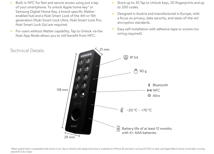 Nuki Клавиатура за контрол на достъп с пръстов отпечатък Nuki Keypad 2 NFC