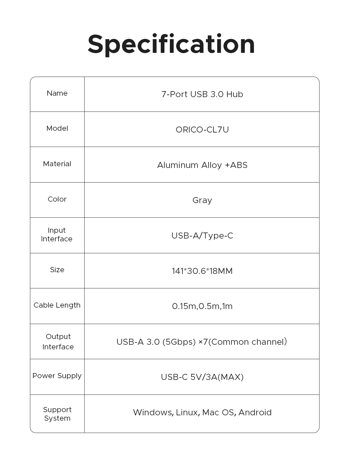 Orico хъб USB3.0 HUB 7 port Black - CL7U-U3-10-GY-BP