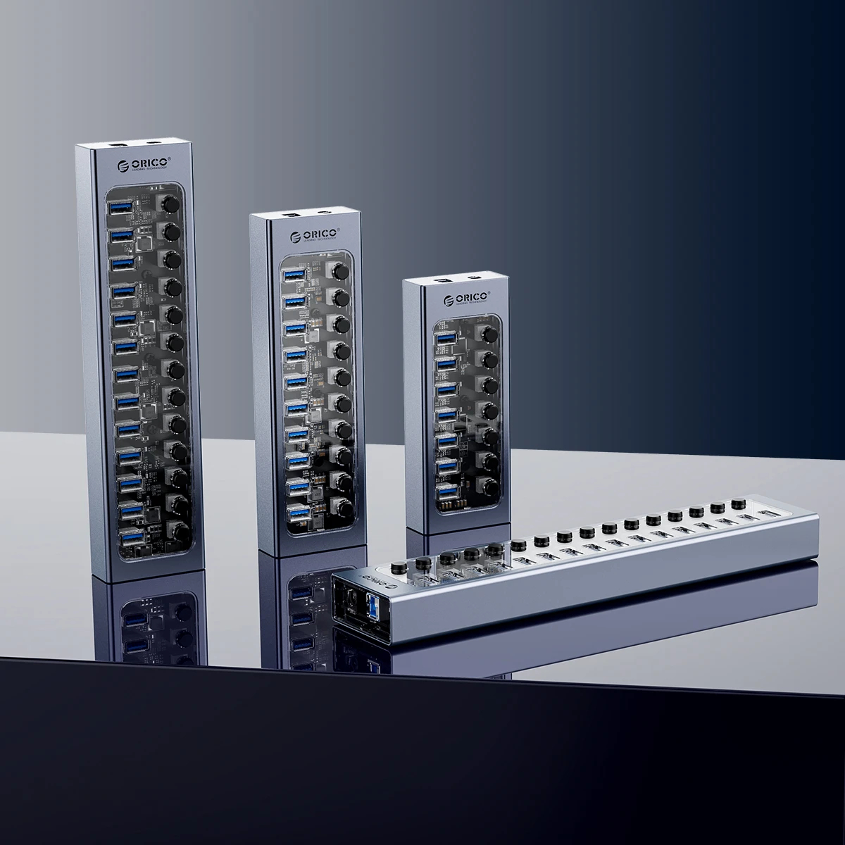Orico хъб USB3.0 HUB 7 port with Power Adapter, On/Off buttons, Aluminium - AT2U3-7AB-EU-GY