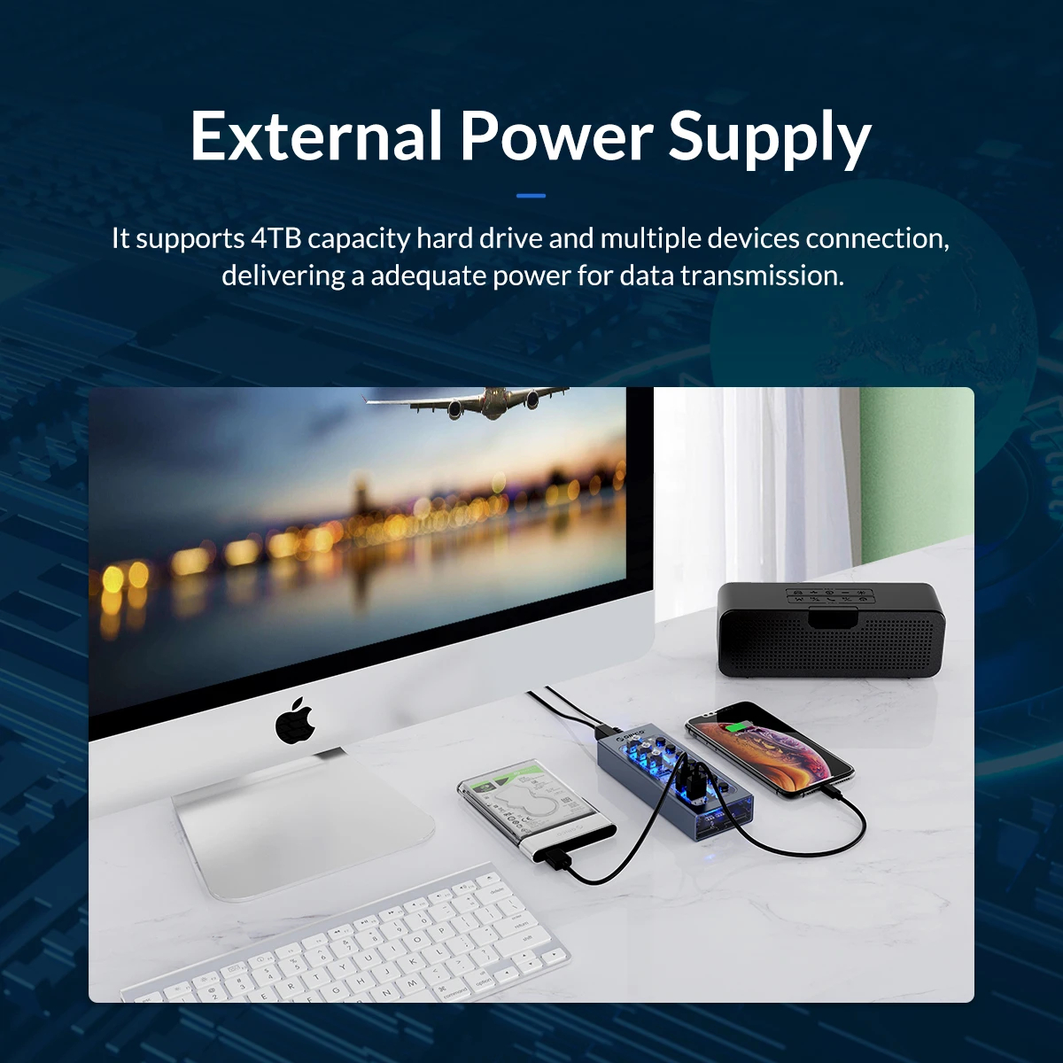 Orico хъб USB3.0 HUB 7 port with Power Adapter, On/Off buttons, Aluminium - AT2U3-7AB-EU-GY