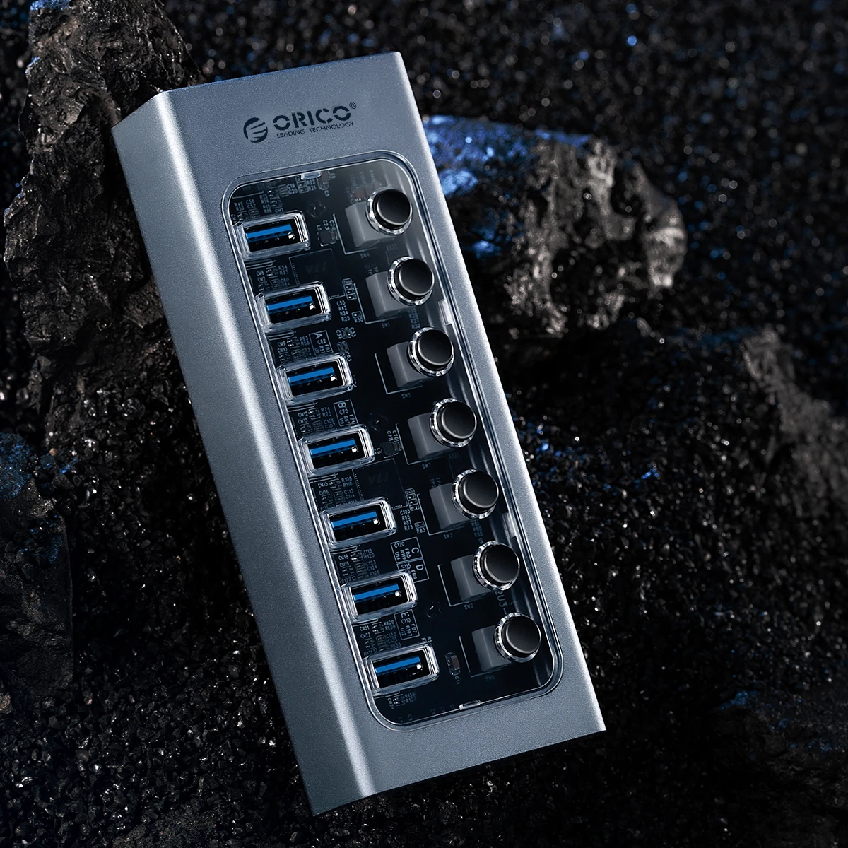 Orico хъб USB3.0 HUB 7 port with Power Adapter, On/Off buttons, Aluminium - AT2U3-7AB-EU-GY