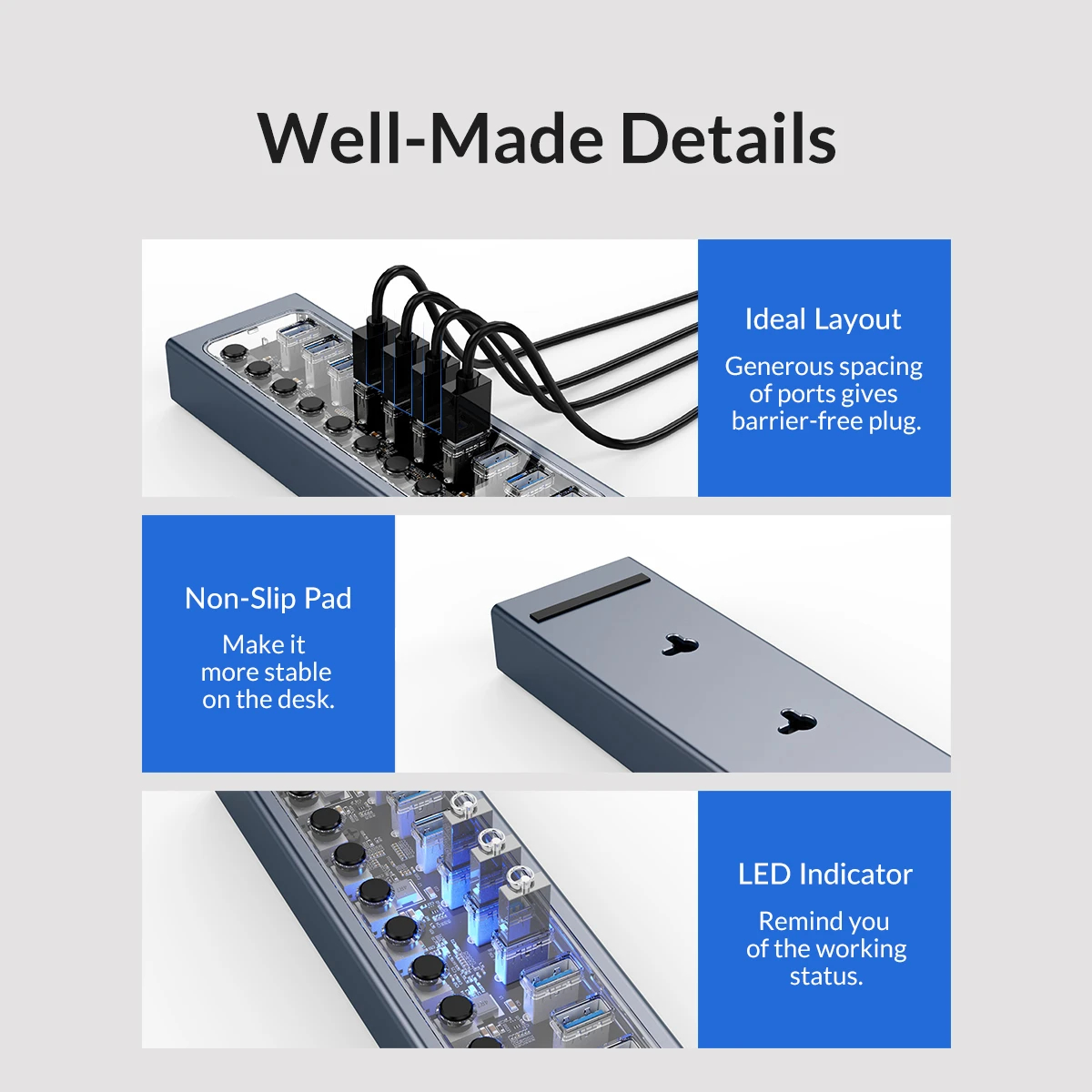 Orico хъб USB3.0 HUB 7 port with Power Adapter, On/Off buttons, Aluminium - AT2U3-7AB-EU-GY