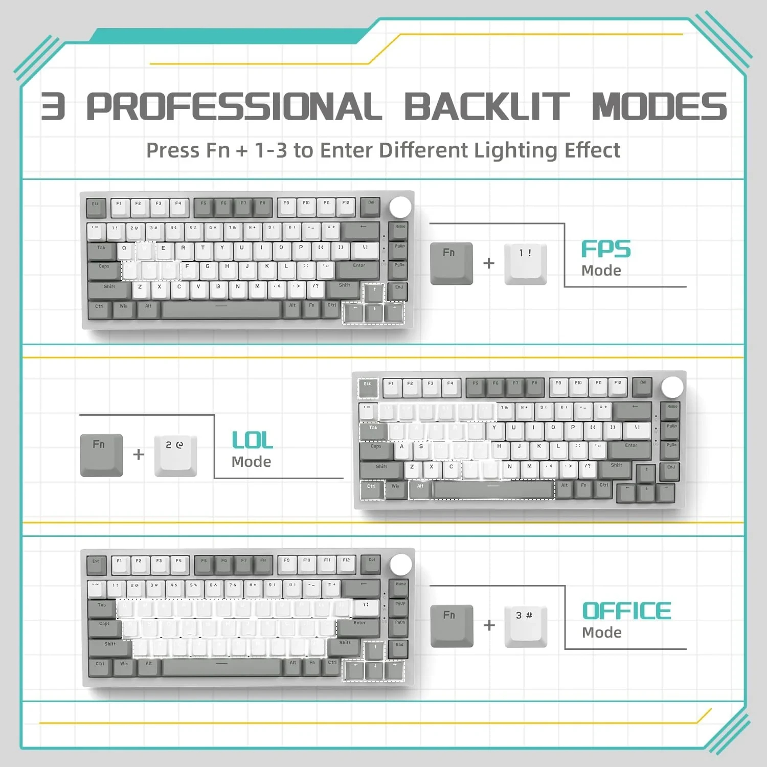 Ajazz геймърска механична клавиатура Gaming Mechanical Keyboard AK820 - AS Red Switch [Linear] (English US), Gray White, White Light