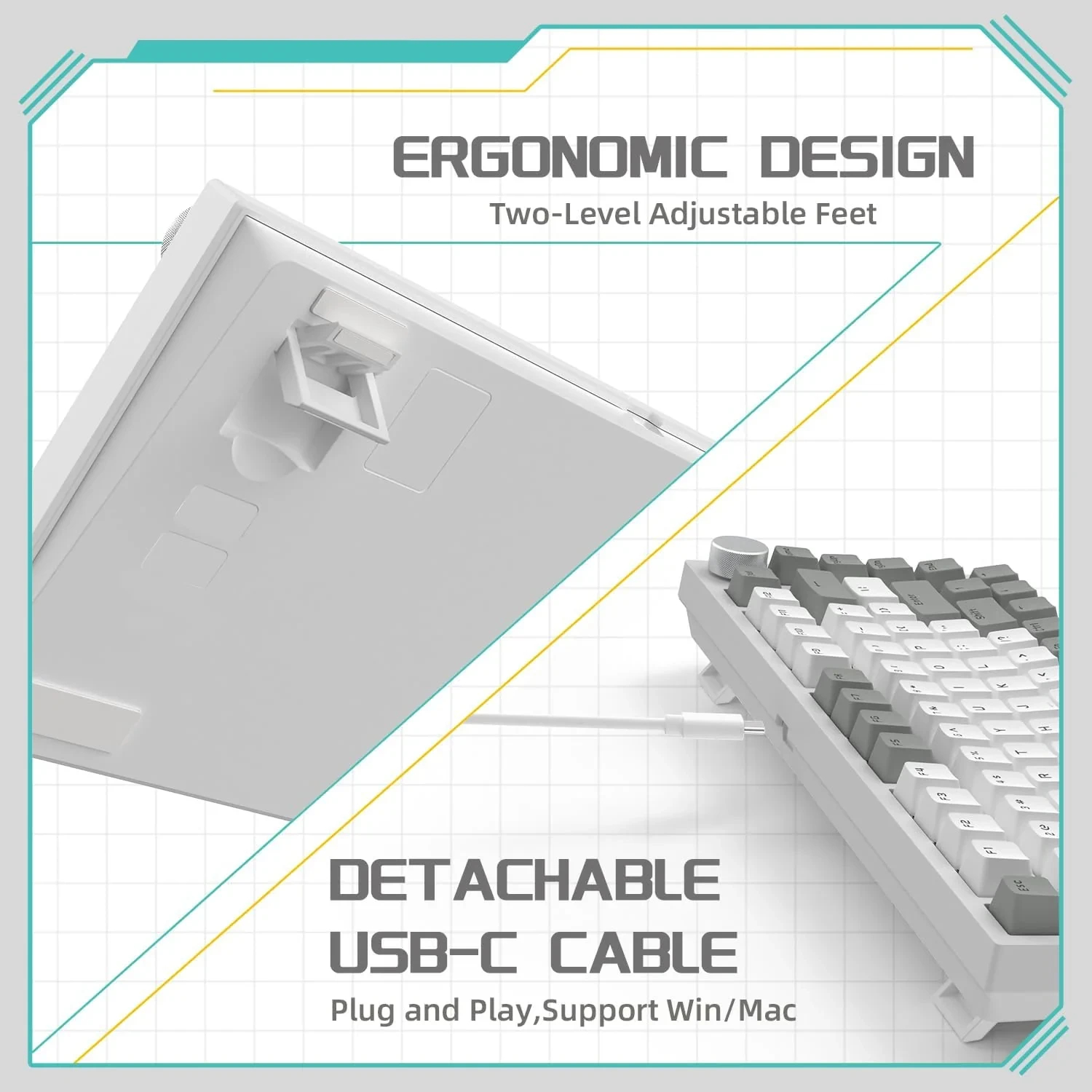 Ajazz геймърска механична клавиатура Gaming Mechanical Keyboard AK820 - AS Red Switch [Linear] (English US), Gray White, White Light