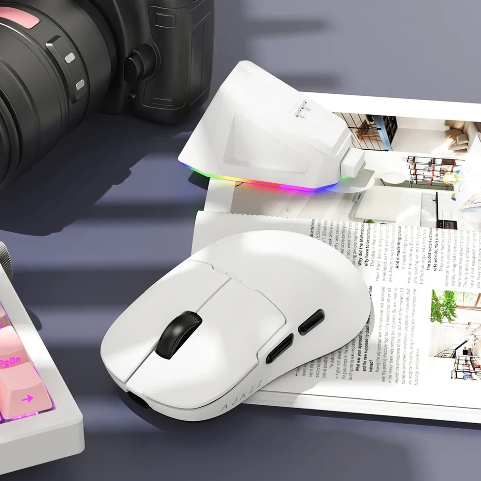 Ajazz професионална геймърска мишка AJ159P MC - Wireless Gaming Mouse - 1K, Magnetic Charging Dock, White
