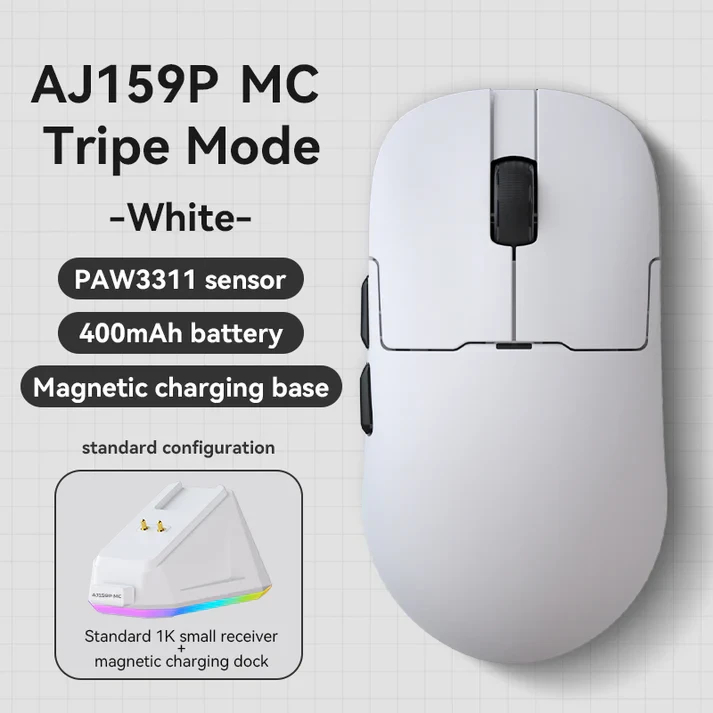 Ajazz професионална геймърска мишка AJ159P MC - Wireless Gaming Mouse - 1K, Magnetic Charging Dock, White