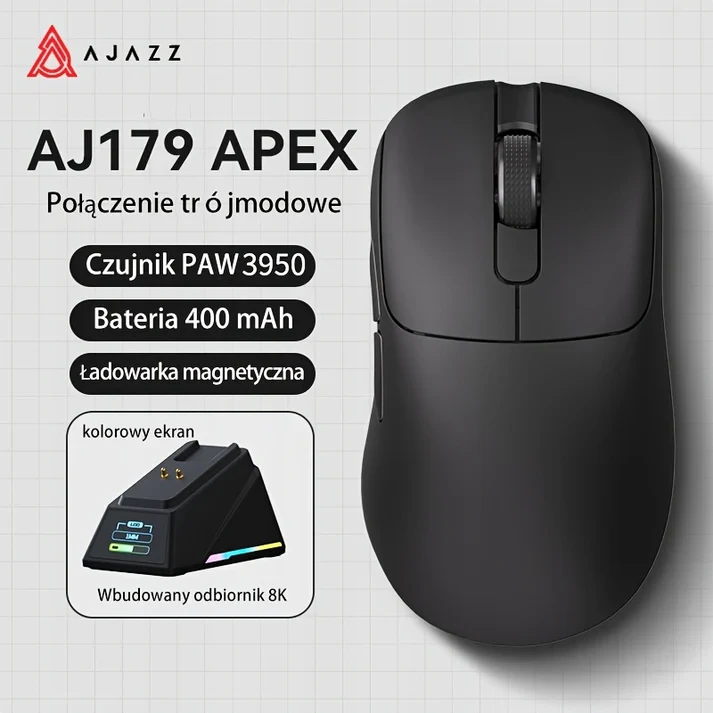 Ajazz професионална геймърска мишка AJ179 APEX - Wireless Gaming Mouse - 8K, Magnetic Charging Dock, Black