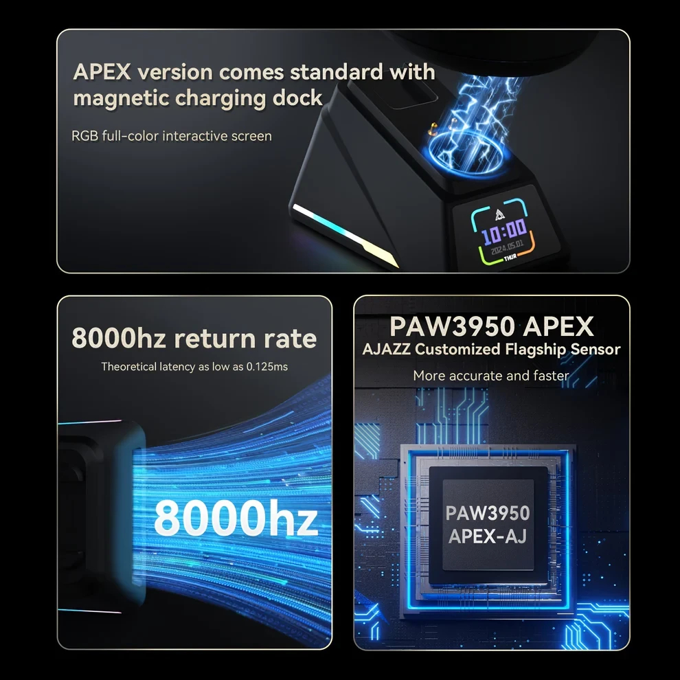 Ajazz професионална геймърска мишка AJ179 APEX - Wireless Gaming Mouse - 8K, Magnetic Charging Dock, Black