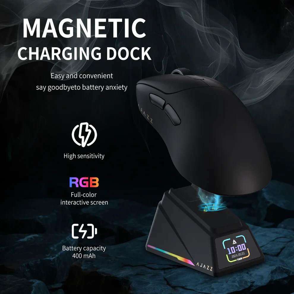 Ajazz професионална геймърска мишка AJ179 APEX - Wireless Gaming Mouse - 8K, Magnetic Charging Dock, White
