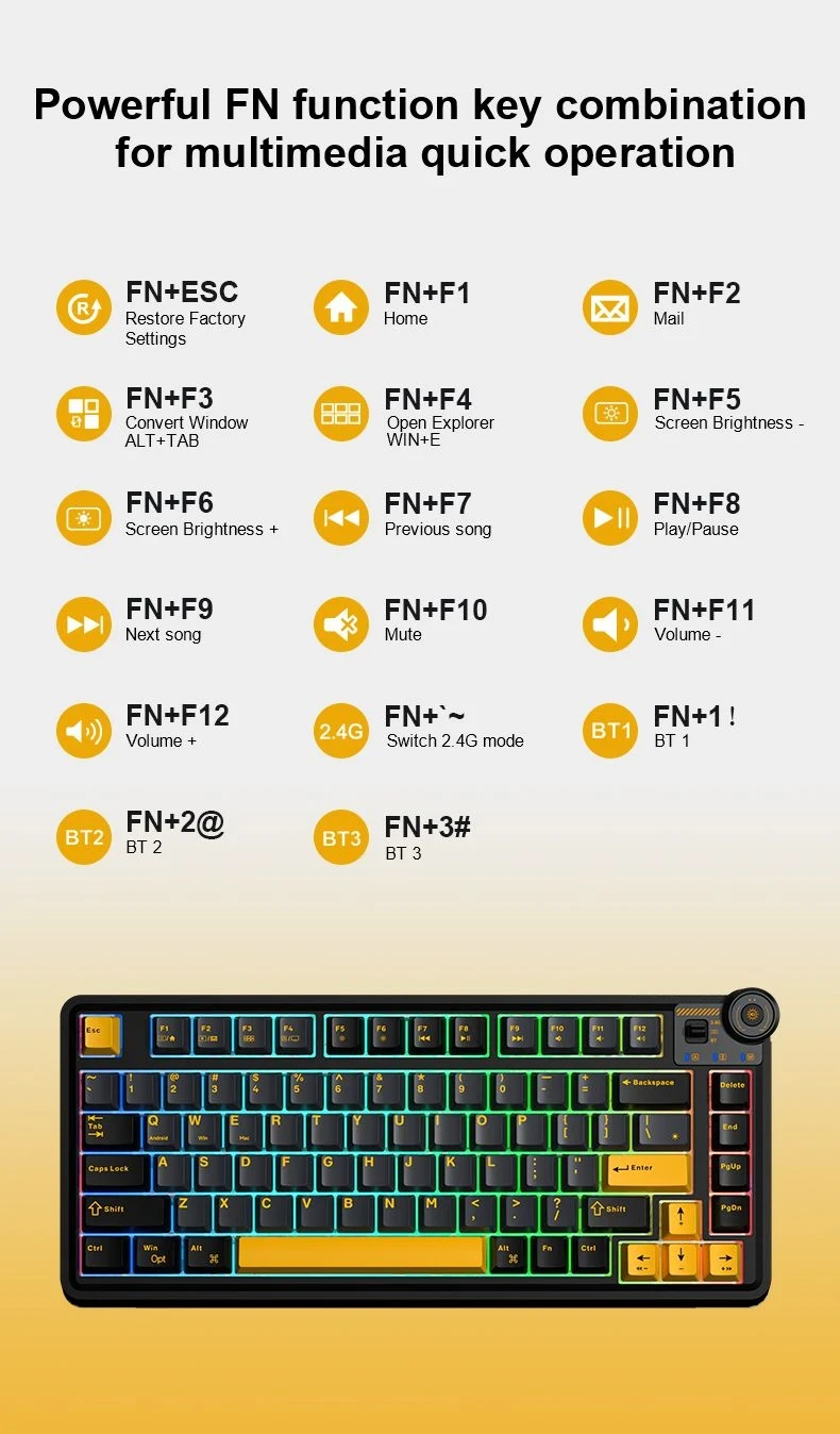 Aula геймърска механична клавиатура Wireless Gaming Mechanical Keyboard AU75 - Bloomfield Switch [Linear] (English US), Turmeric yellow