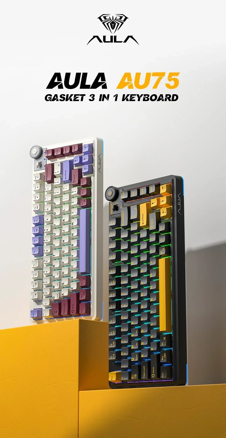 Aula геймърска механична клавиатура Wireless Gaming Mechanical Keyboard AU75 - Bloomfield Switch [Linear] (English US), Turmeric yellow