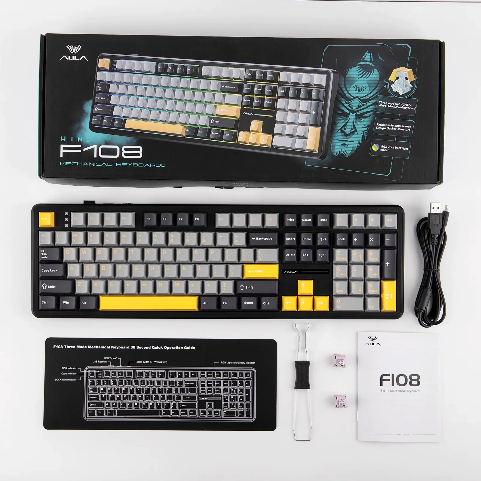 Aula геймърска механична клавиатура Wireless Gaming Mechanical Keyboard F108 - Volcanic Switch [Linear] (English US), Black, Gray