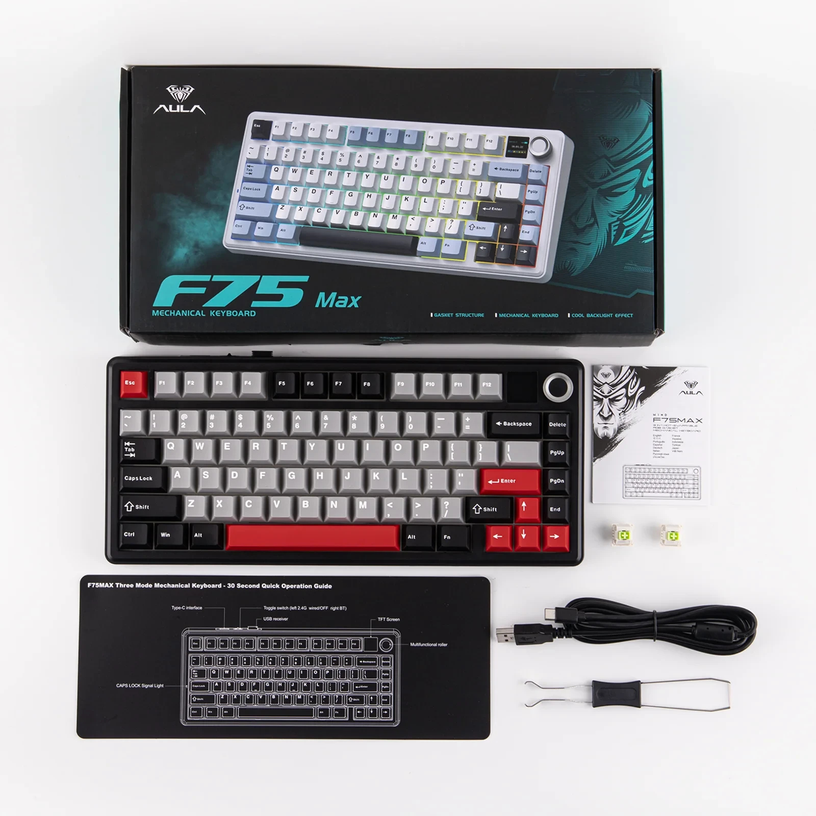 Aula геймърска механична клавиатура Wireless Gaming Mechanical Keyboard F75 MAX - Reaper Switch [Linear] (English US), Black, Red