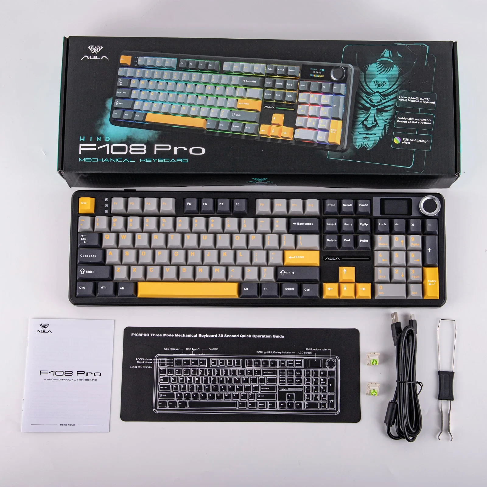 Aula геймърска механична клавиатура Wireless Gaming Mechanical Keyboard F108 PRO - Volcanic Switch [Linear] (English US), Black, Gray