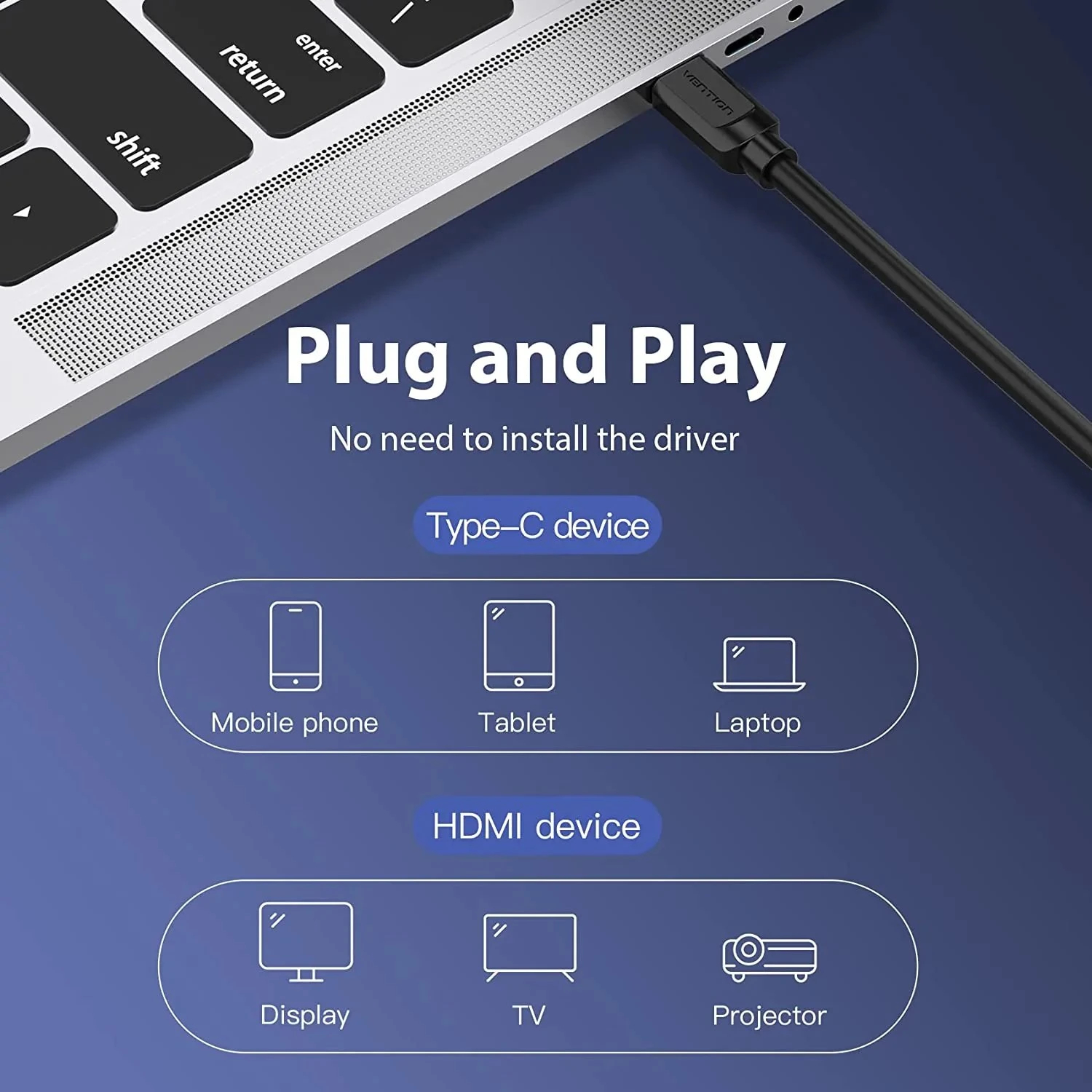 Vention кабел Cable Type-C to HDMI - 1.5m 4K Black - CGUBG