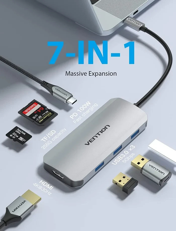 Vention докинг станция Docking Station Type-C - TOJHB - HDMI x 1, USB3.0 x 3, USB-C PD100W x 1, SD/TF