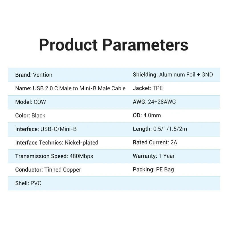 Vention Кабел USB 2.0 C M / Mini USB 5pin 0.5m - COWBD