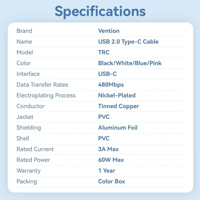 Vention Кабел USB 2.0 C M / USB-C M 1.0m Black - TRCBF