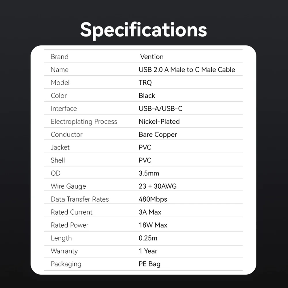 Vention Кабел USB 2.0 AM / USB-C M 0.25m - TRQBAC