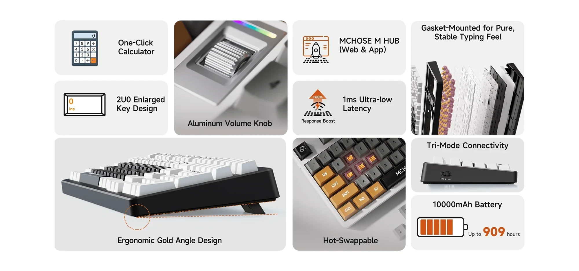 MCHOSE геймърска механична клавиатура Wireless Gaming Mechanical Keyboard UT98 Classic Therapy - Silent Peach V3 Switch [Linear] (English US)