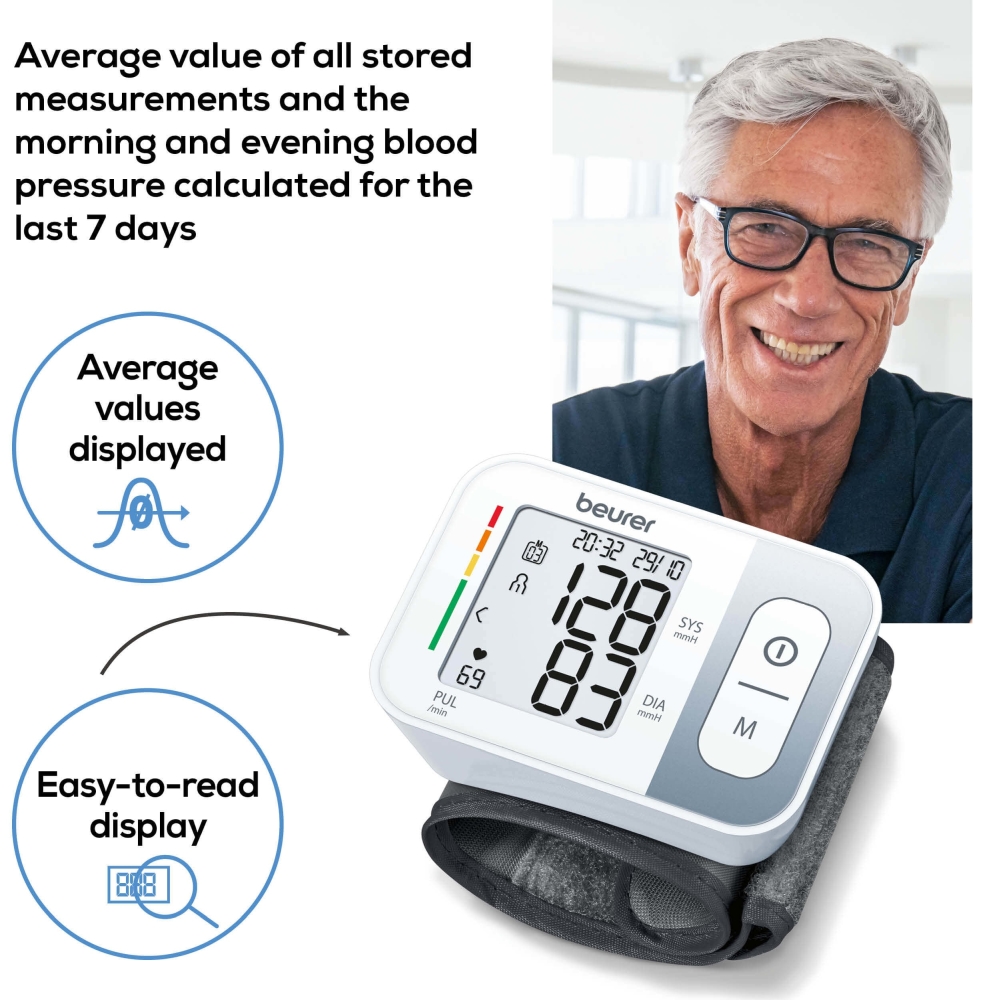 Beurer BC 28 Wrist blood pressure monitor; risk indicator; arrhythmia detection; medical device; circumferences 13.5-19.5 cm; storage bag