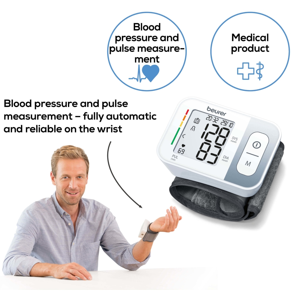 Beurer BC 28 Wrist blood pressure monitor; risk indicator; arrhythmia detection; medical device; circumferences 13.5-19.5 cm; storage bag