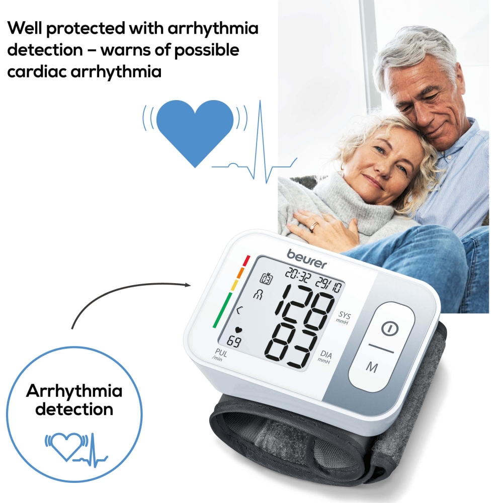 Beurer BC 28 Wrist blood pressure monitor; risk indicator; arrhythmia detection; medical device; circumferences 13.5-19.5 cm; storage bag