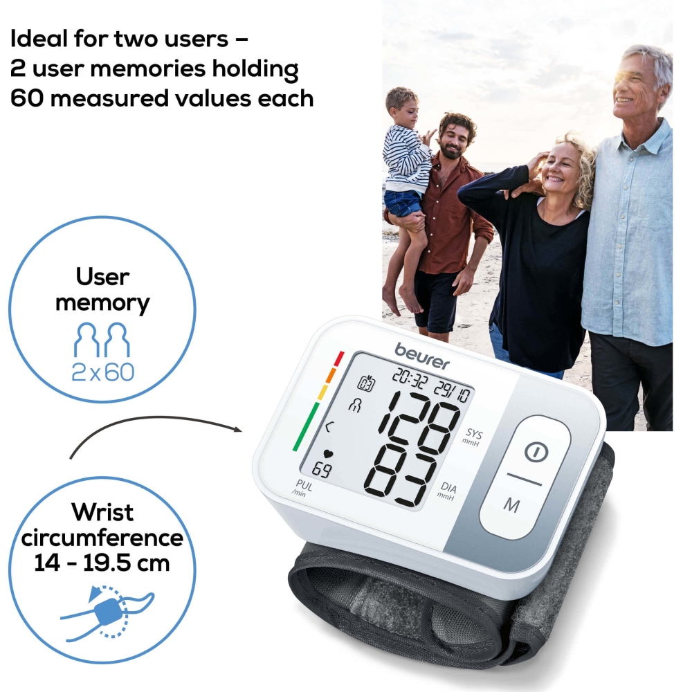 Beurer BC 28 Wrist blood pressure monitor; risk indicator; arrhythmia detection; medical device; circumferences 13.5-19.5 cm; storage bag