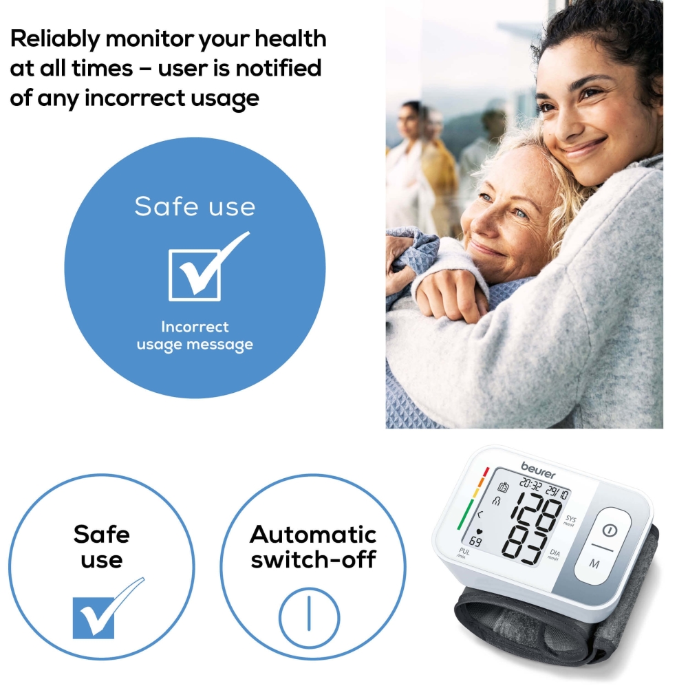 Beurer BC 28 Wrist blood pressure monitor; risk indicator; arrhythmia detection; medical device; circumferences 13.5-19.5 cm; storage bag