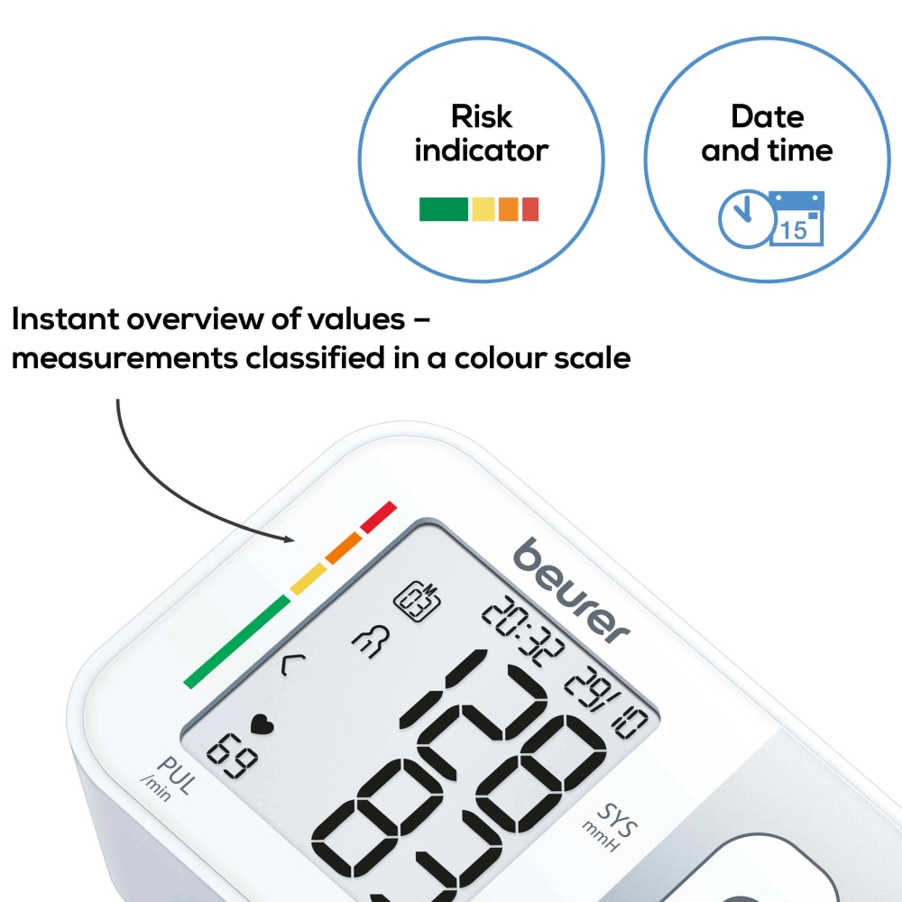 Beurer BC 28 Wrist blood pressure monitor; risk indicator; arrhythmia detection; medical device; circumferences 13.5-19.5 cm; storage bag