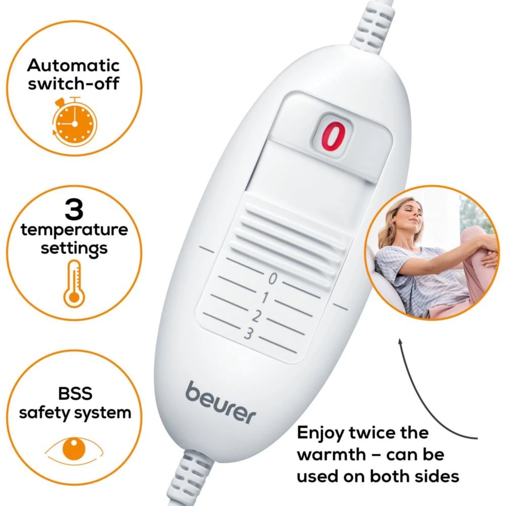 Beurer HK 48 Cosy Heat Pad; 3 temperature settings; auto switch-off after 90 min; washable on 30°; reversable cushion; with inner pad; removable switch; fleece fibre; 40(L)x30(W) cm