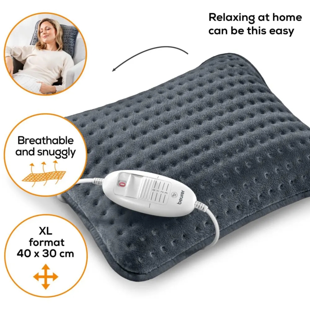 Beurer HK 48 Cosy Heat Pad; 3 temperature settings; auto switch-off after 90 min; washable on 30°; reversable cushion; with inner pad; removable switch; fleece fibre; 40(L)x30(W) cm