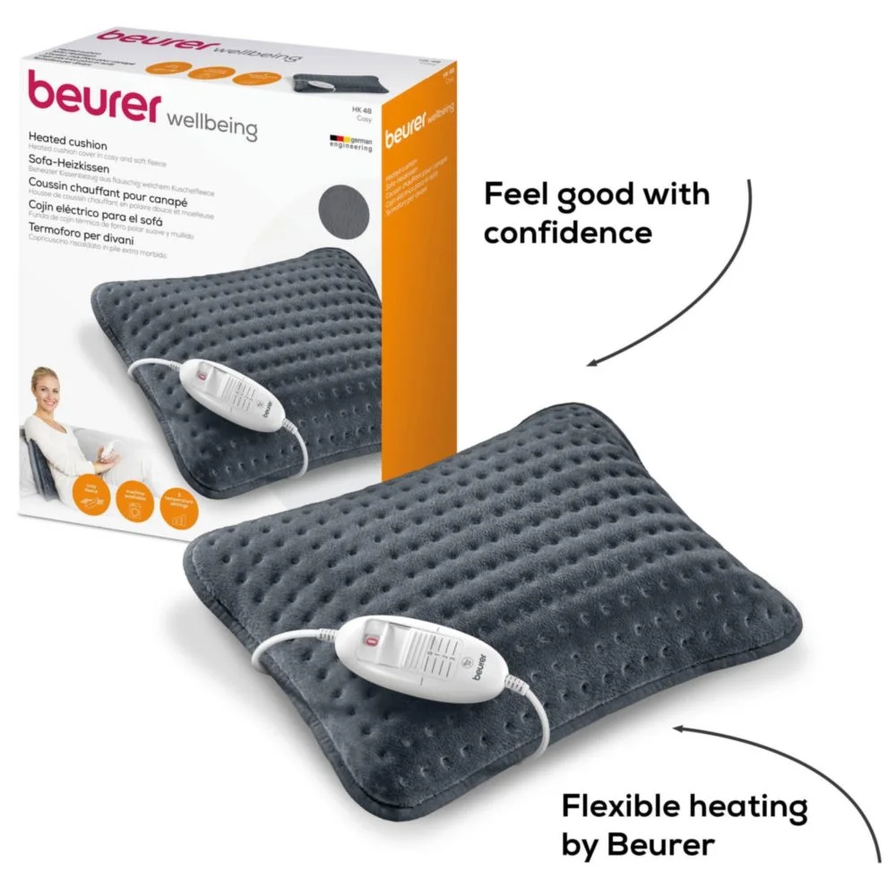 Beurer HK 48 Cosy Heat Pad; 3 temperature settings; auto switch-off after 90 min; washable on 30°; reversable cushion; with inner pad; removable switch; fleece fibre; 40(L)x30(W) cm