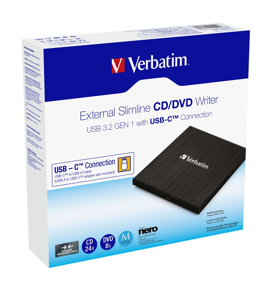Verbatim External Slimline CD/DVD Writer USB 3.2 Gen 1/USB-C