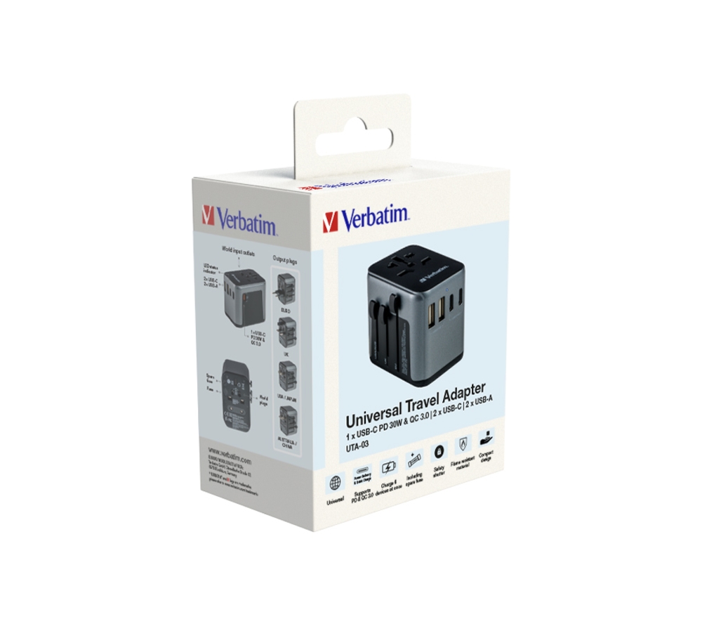 Verbatim UTA-03 Universal Travel Adapter with 1 x USB-C PD 30W & QC 3.0 / 2 x USB-C / 2 x USB-A
