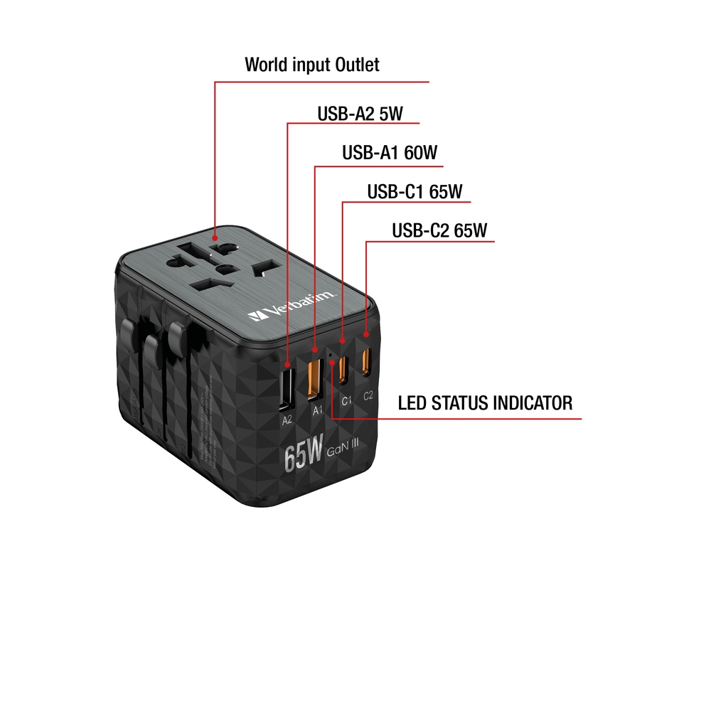 Verbatim UTA-05 GaN III Universal Travel Adapter with 2 x USB-C PD 65W & QC 4+ / 2 x USB-A