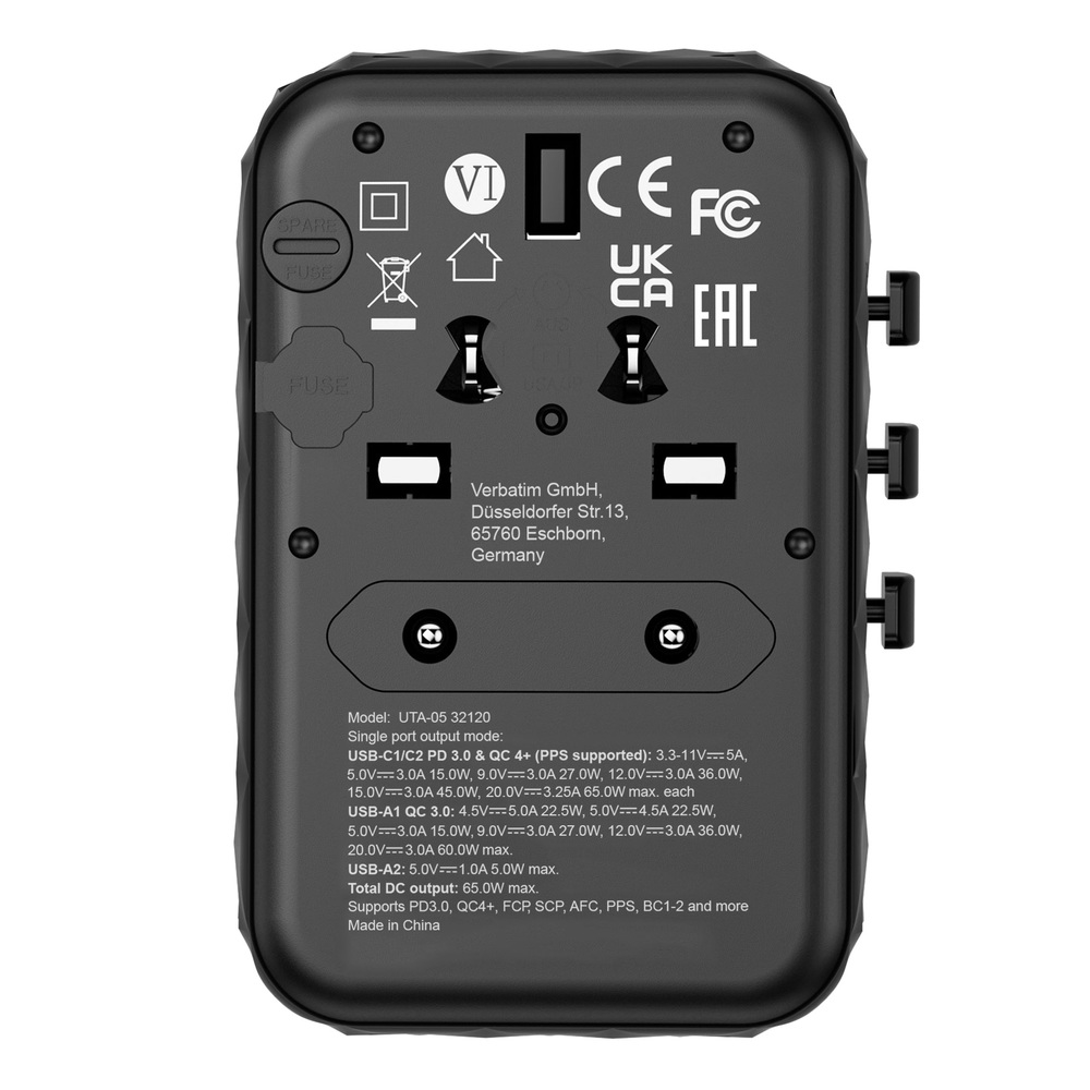 Verbatim UTA-05 GaN III Universal Travel Adapter with 2 x USB-C PD 65W & QC 4+ / 2 x USB-A
