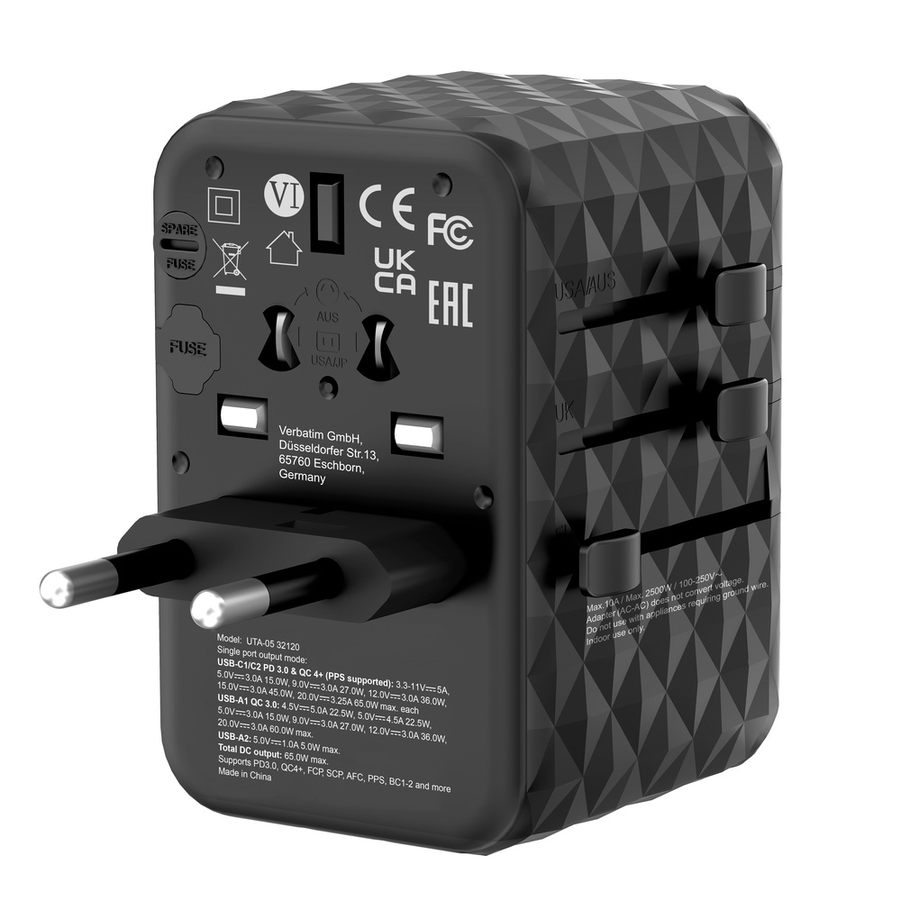 Verbatim UTA-05 GaN III Universal Travel Adapter with 2 x USB-C PD 65W & QC 4+ / 2 x USB-A