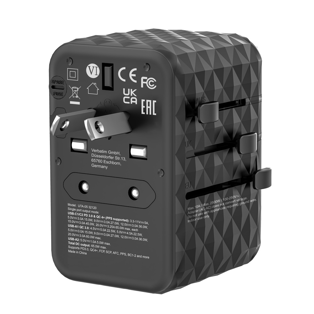 Verbatim UTA-05 GaN III Universal Travel Adapter with 2 x USB-C PD 65W & QC 4+ / 2 x USB-A