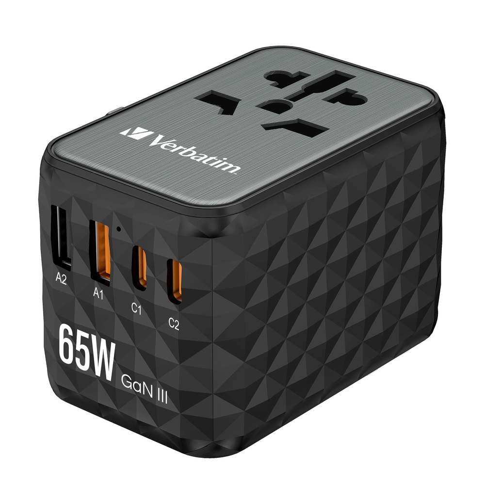 Verbatim UTA-05 GaN III Universal Travel Adapter with 2 x USB-C PD 65W & QC 4+ / 2 x USB-A