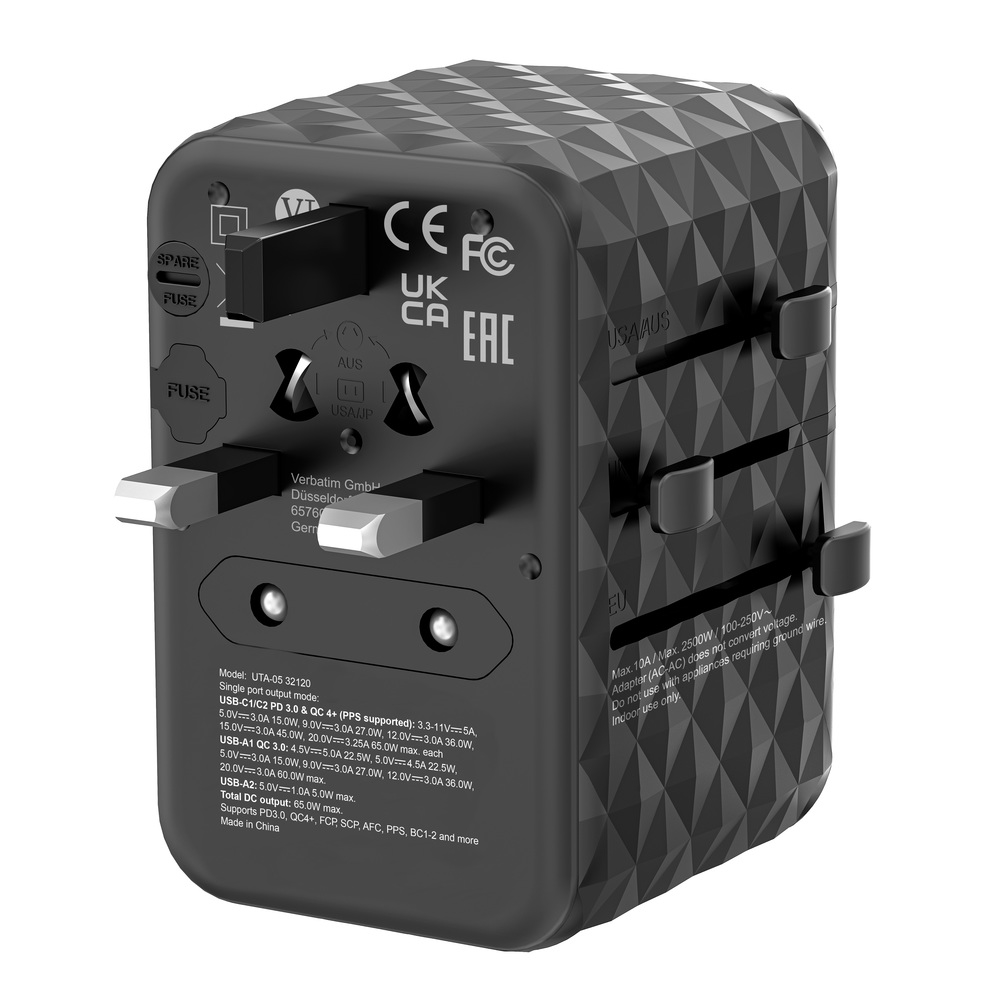 Verbatim UTA-05 GaN III Universal Travel Adapter with 2 x USB-C PD 65W & QC 4+ / 2 x USB-A