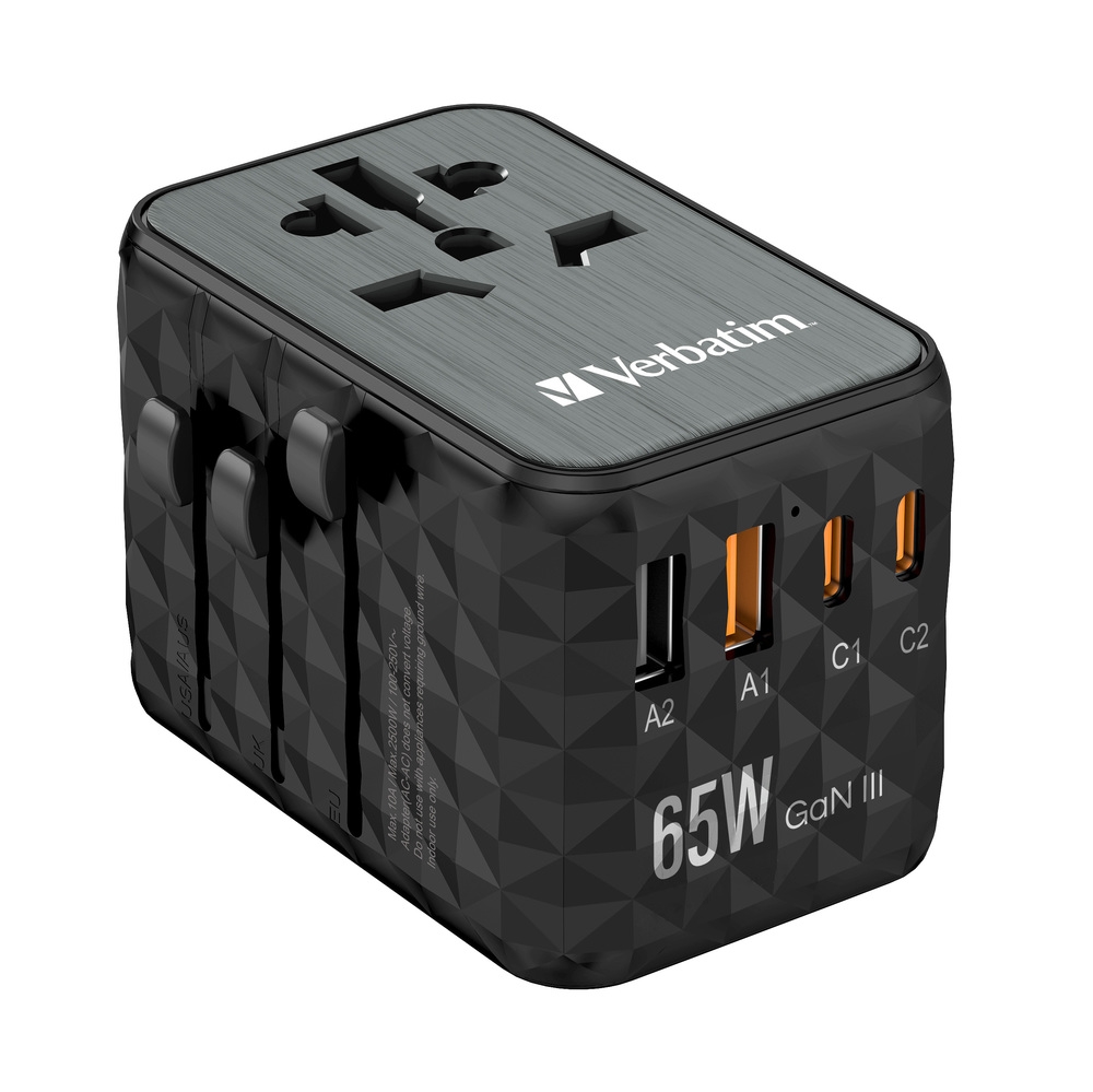 Verbatim UTA-05 GaN III Universal Travel Adapter with 2 x USB-C PD 65W & QC 4+ / 2 x USB-A