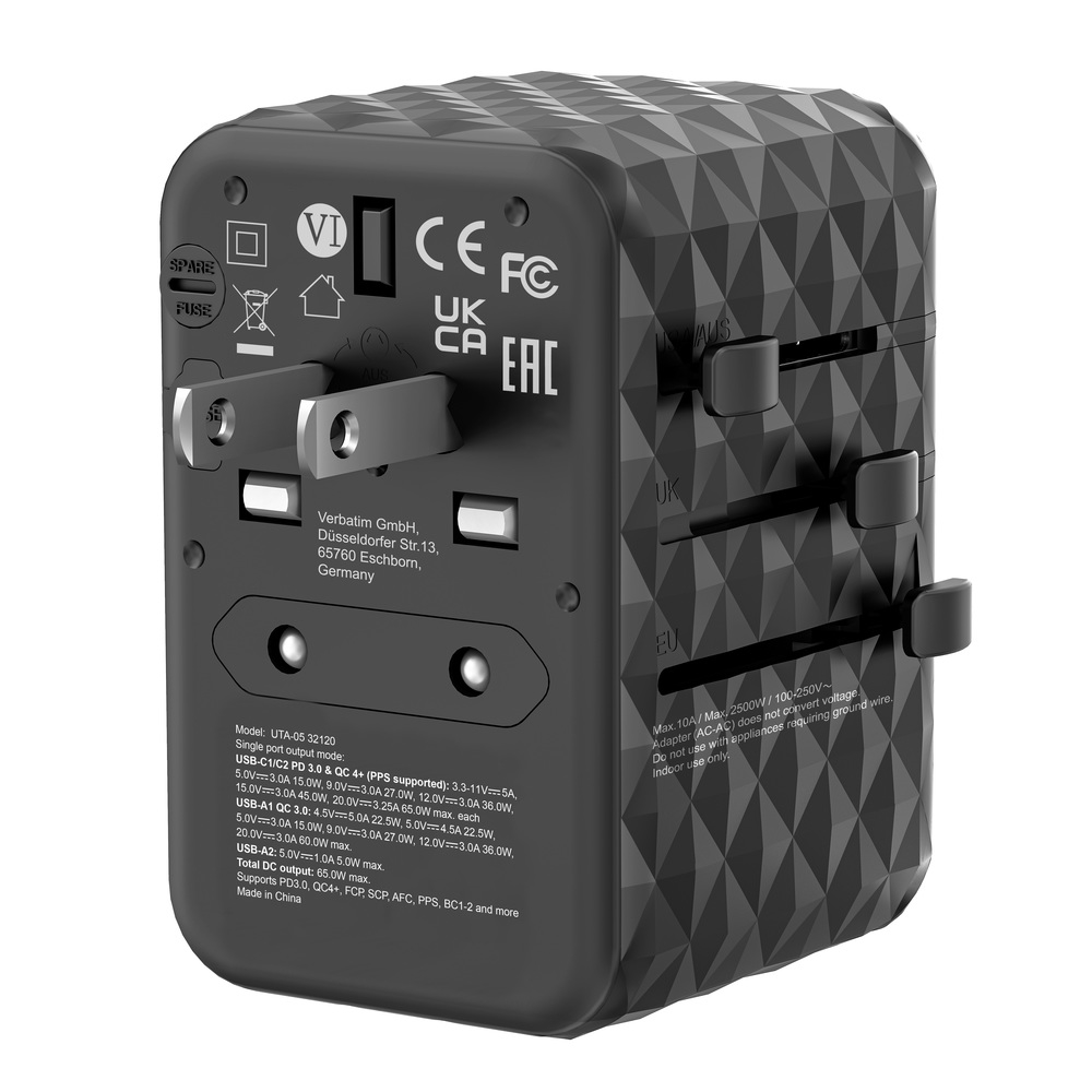 Verbatim UTA-05 GaN III Universal Travel Adapter with 2 x USB-C PD 65W & QC 4+ / 2 x USB-A